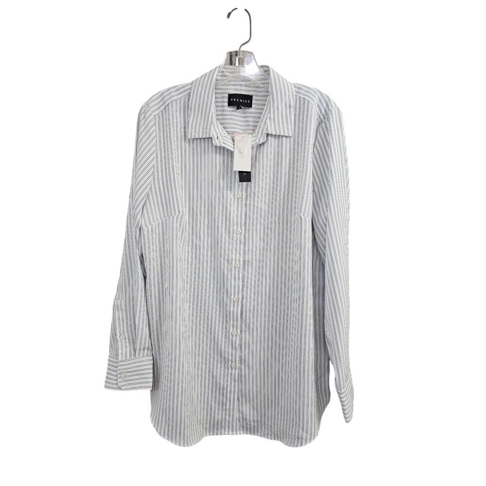 Premise Womens Navy White Stripe Button Down Career Shirt P060013 Size L NWT NEW